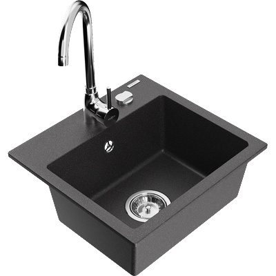 Mexen Milo кухненска мивка гранитна 1-камерна с кухненски смесител Telma, черен на пръски - 6505-76-670200-00 (6505-76-670200-00)