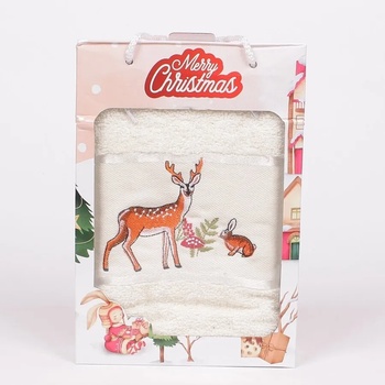 Image 1 of Бяла хавлиена кърпа с бродерия на сърна и заек