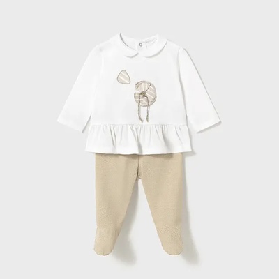 Mayoral Комплект с ританки в цвят фрапе и бяла блуза с цвете за новородено момиче Майорал