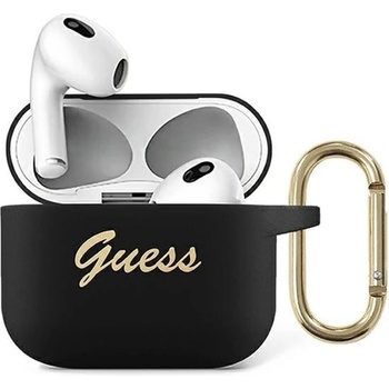 GUESS Защитен калъф Guess AirPods 3 Silicone Vintage Script Case, за Apple Airpods 3, силиконов, с карабинер, черен (GUA3SSSK)