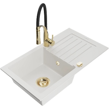 Mexen Pablo гранитна мивка с 1 отделение и сушилник и кухненски смесител Aster, бял - 6510-20-73450-57-G (6510-20-73450-57-G)