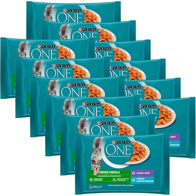 PURINA ONE INDOOR с риба тон и зелени фасул в сос, с телешко и моркови в сос, 48 x 85 г
