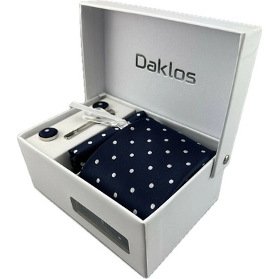 Daklos Luxusní set tmavě modrý se stříbrnými puntíky Kravata kapesníček do saka manžetové knoflíčky kravatová spona v krabičce