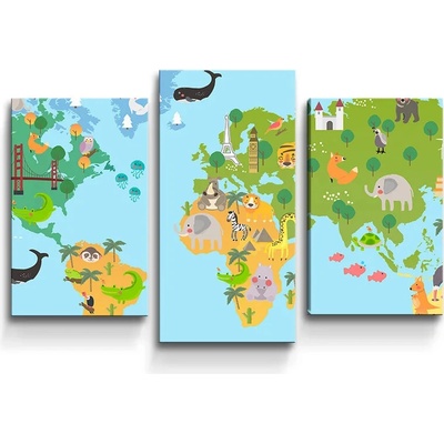 Sablio Obraz - 3-dílný Zvieracia mapa sveta - 75x50 cm