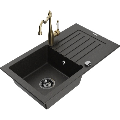 Mexen Pablo гранитна мивка с една камера с отцедник и кухненски смесител Carla, черен/златист металик - 6510-75-670700-50-B (6510-75-670700-50-B)