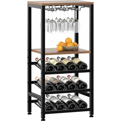 Houseland Wine Stojan na víno s držákem na skleničky hnědý/černý