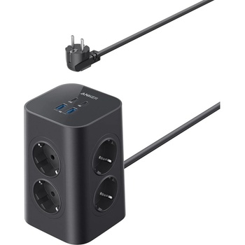 Anker Multiple Socket, захранващ разклонител, с 8 "шоко" гнезда, разклонител с 4 USB извода, 20W USB (A9185311)