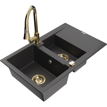 Mexen Gaspar гранитна мивка с 1, 5 камери с отцедник и кухненски смесител Elia, черен на пръски - 6507-76-670101-50 (6507-76-670101-50)