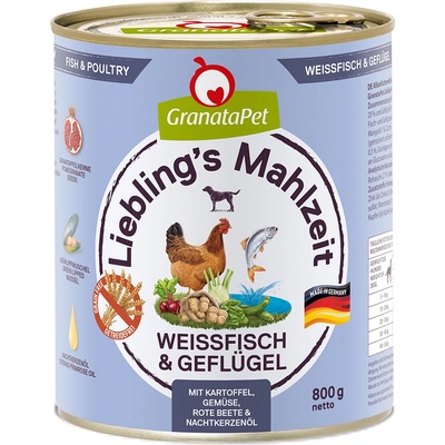 GranataPet 12x800г Adult Liebling's Mahlzeit GranataPet, консервирана храна за кучета - бяла риба и птиче месо