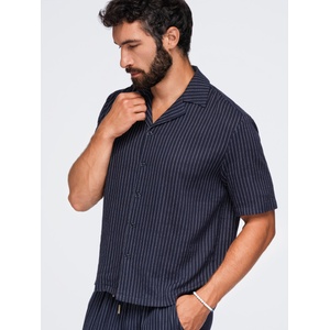 Ombre Clothing Мъжка райета риза regular кройка от вискоза и лен с кубински яка - тъмносин V2 OM-SHSS-0222 Ombre Clothing Ombre Clothing | Cherven | МЪЖЕ | M