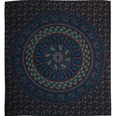 BOB Batik přehoz na postel indický Květy a sloni modro tyrkysový bavlna King size Dvoulůžko 225 x 200 cm