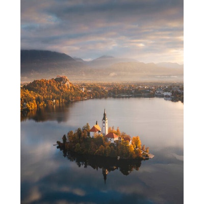 Plakát, Obraz - Aerial view of lake Bled church, Slovenia, © Marco Bottigelli, 30 × 40 cm