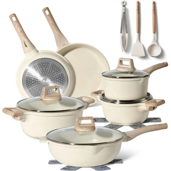 Just Perfecto Комплект тенджери и тигани Just Perfecto JL-788, 15 ч, Отливка, Мраморно покритие, Индукция, Аксесоари, Бежов (JL-788 beige)