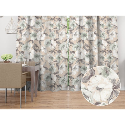 Biante Dekoračný záves Porto PRT-012 Zeleno-biele kvety na béžovom 130x140 cm