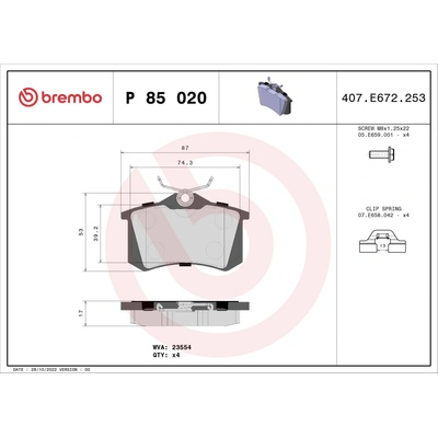 BREMBO Sada brzdových destiček, kotoučová brzda P85020X
