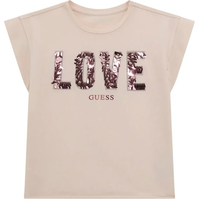 GUESS Розова тениска за момиче с надпис LOVE от пайети Guess