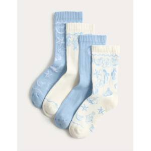 Marks & Spencer Чорапи с висок процент памук и мотив мида, 4 двойки (6 малък - 7 голям) Marks & Spencer син Marks & Spencer | Sin | Момичешки | 8+-12
