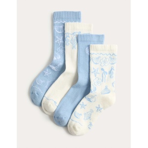 Marks & Spencer Чорапи с висок процент памук и мотив мида, 4 двойки (6 малък - 7 голям) Marks & Spencer син Marks & Spencer | Sin | Момичешки | 8+-12