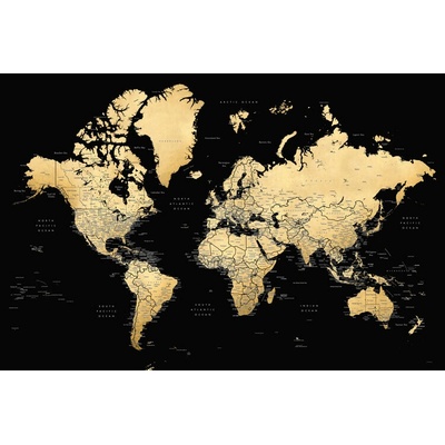 Plagát, Obraz - Detailná čierno‑zlatá mapa sveta s mestami – Eleni, Blursbyai, 40 × 26.7 cm