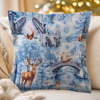 Biante bavlna s lemom Sandra SA-674 Lesné zvieratá v zimnom lese na modrom 35 x 45 cm