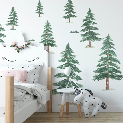INSPIO Nálepka Stromčeky malé - Nálepky na stenu stromy, akvarelové nálepky, forest - lesný svet zelená, plnofarebný motív rozmery 90x180