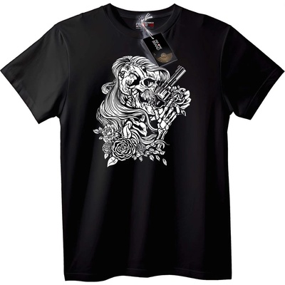 NOONEBRAND Тениска Череп с рози и пистолет - 7XL, Black