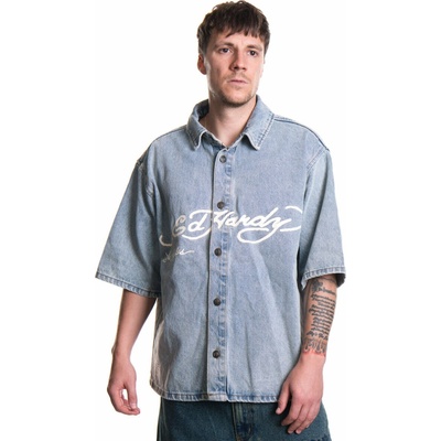 Ed Hardy pánská riflová košile Eagle And Stars relaxed Denim Bleach