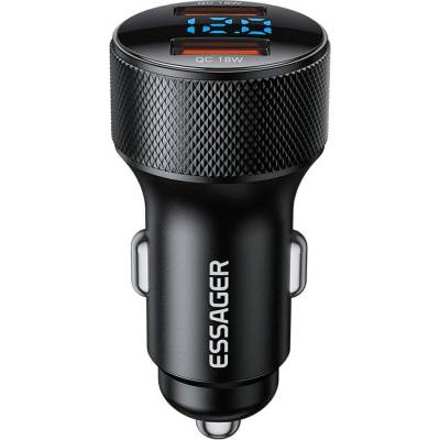 ESSAGER PD 36W зарядно за кола с дисплей, USB-A, Type-C - черен/сив