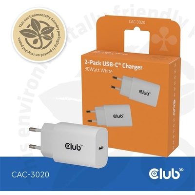 Club 3D Мрежов адаптер Club 3D - CAC-3020 (2бр. /пакет, 30W USB-C, PD3.0, защита от презареждане, малък размер, бял) (CAC-3020)