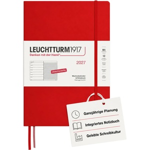 Leuchtturm1917 Weekly Calendar 2027 Composition (B5) with Notebook - German Appointment Planner, Cherry, January-December 2027, Weekly Overview on the Left + Notes Page on the Right - 400040 (400040)