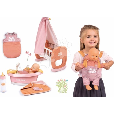 Smoby Set v dupačkách vo wellnese s jacuzzi kúpeľom Doll Baby Nurse s funkčnou sprchou a kolíska s klokankou a spací vak s fľaškou