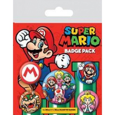 CurePink Set 5 Placek Nintendo Super Mario průměr 2,5 cm a 3,8 cm