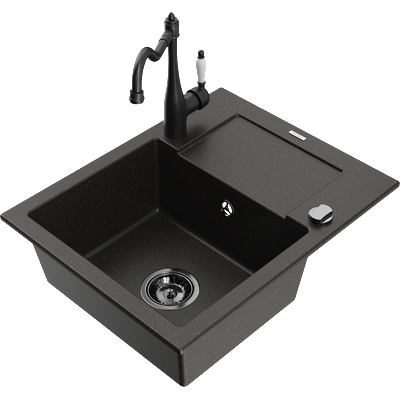 Mexen Enzo гранитна мивка с една камера и отцедник и кухненски смесител Carla, черен/златист металик - 6506-75-670700-70-B (6506-75-670700-70-B)