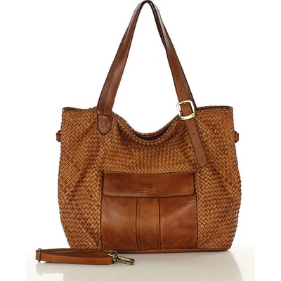 Mazzini Marco Veľká pletená kožená shopper taška camel v250b hnedá