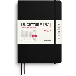 Leuchtturm1917 weekly planner 2027 medium (A5) - English, black, 210 x 145 mm, January-December (12 months), weekly overview with hourly grid 7: 00-22: 00 per column, hardcover, 80 g/m2 paper - 400312 (400312)
