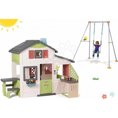Smoby Set domček Priateľov a hojdačka Portique Friends House Life s kovovou konštrukciou a kuchynka so zvončekom rozšíriteľný