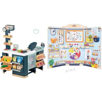 Smoby Set obchod elektronický smíšené zboží s chladničkou Maxi Market a škola pro předškoláky oboustranná s naučnými hrami