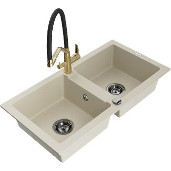 Mexen Mario гранитна кухненска мивка с 2 отделения и кухненски смесител Duo, бежов - 6504-69-671701-57-B (6504-69-671701-57-B)
