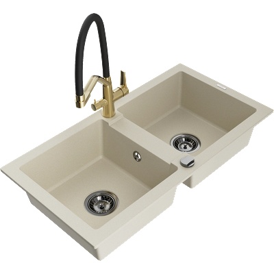 Mexen Mario гранитна кухненска мивка с 2 отделения и кухненски смесител Duo, бежов - 6504-69-671701-57-B (6504-69-671701-57-B)