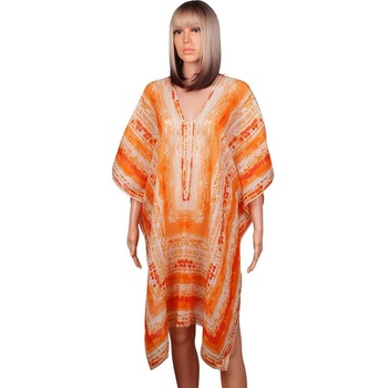 Плажна туника с оранжев принт и златисто ламе