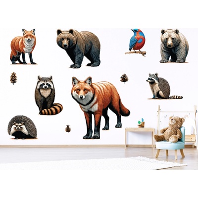 Nalepte.cz Divoké lesné zvieratá textilní prelepiteľné nálepky na stenu hárok 122 x 126 cm