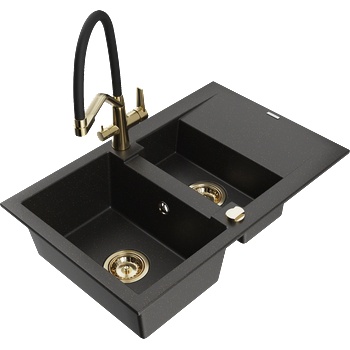 Mexen Gaspar гранитна мивка с 1, 5 камери със сушилник и кухня смесител Duo, черно/златист металик - 6507-75-671701-57-G (6507-75-671701-57-G)