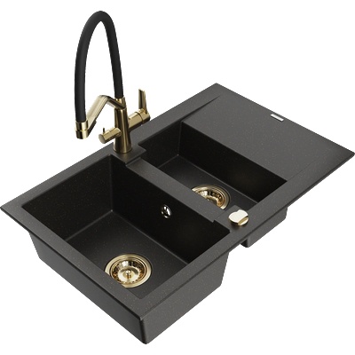 Mexen Gaspar гранитна мивка с 1, 5 камери със сушилник и кухня смесител Duo, черно/златист металик - 6507-75-671701-57-G (6507-75-671701-57-G)