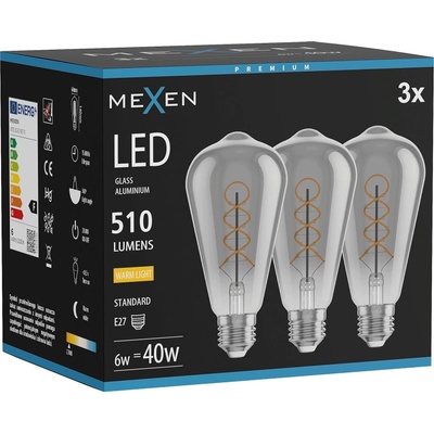 Mexen Vintis 3x LED спираловидна нажежаема жичка E27, ST64, 6W, Топла - 2700K, 510 lm, димна (L162-E27-0627-70x03)