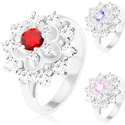 Šperky eshop Třpytivý prsten ve stříbrném odstínu kontura květu kulaté zirkony V10.07 Světle fialová