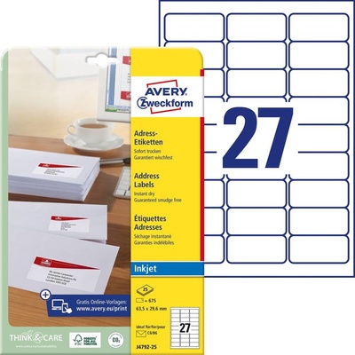 Avery-Zweckform J4792-25 etikety 63.5 x 29.6 mm papier biela 675 ks trvalé adresná nálepky atrament