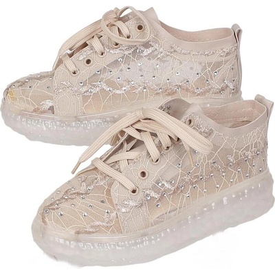 Дамски спортни обувки от тюл с бродерия и камъчета в цвят лате