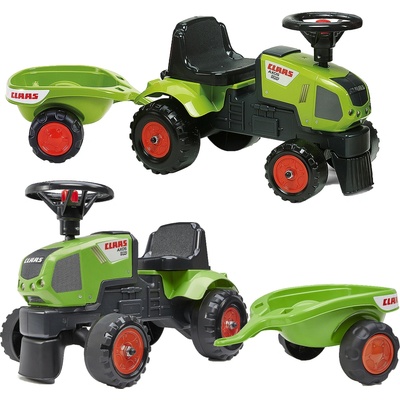 Falk Traktor Baby Claas s volantem klaksonem přívěsem hráběmi a lopatou