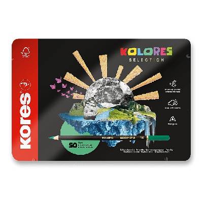 Trojhranné pastelky Kores Kolores Selection plechová krabička, 50 barev Kores