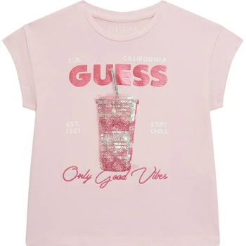 GUESS Тениска в розово "Only Good Vibes" за мини момиче с бродиран надпис и пайети Guess